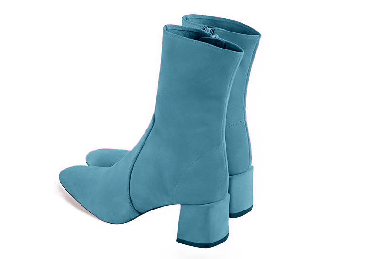 Peacock blue women's ankle boots with a zip on the inside. Square toe. Medium block heels. Rear view - Florence KOOIJMAN